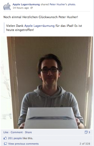 Der angebliche Gewinner eines iPads wird auf der Facebook-Seite "Apple Lagerräumung" geteilt. (Screenshot: Golem.de)